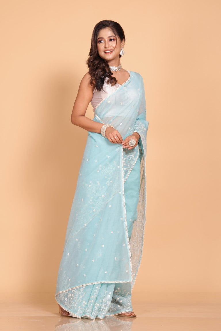Morchari Cotton Supernet Embroiedery Saree - Sky Blue | Grocsy