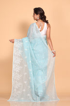 Morchari Cotton Supernet Embroiedery Saree - Sky Blue | Grocsy