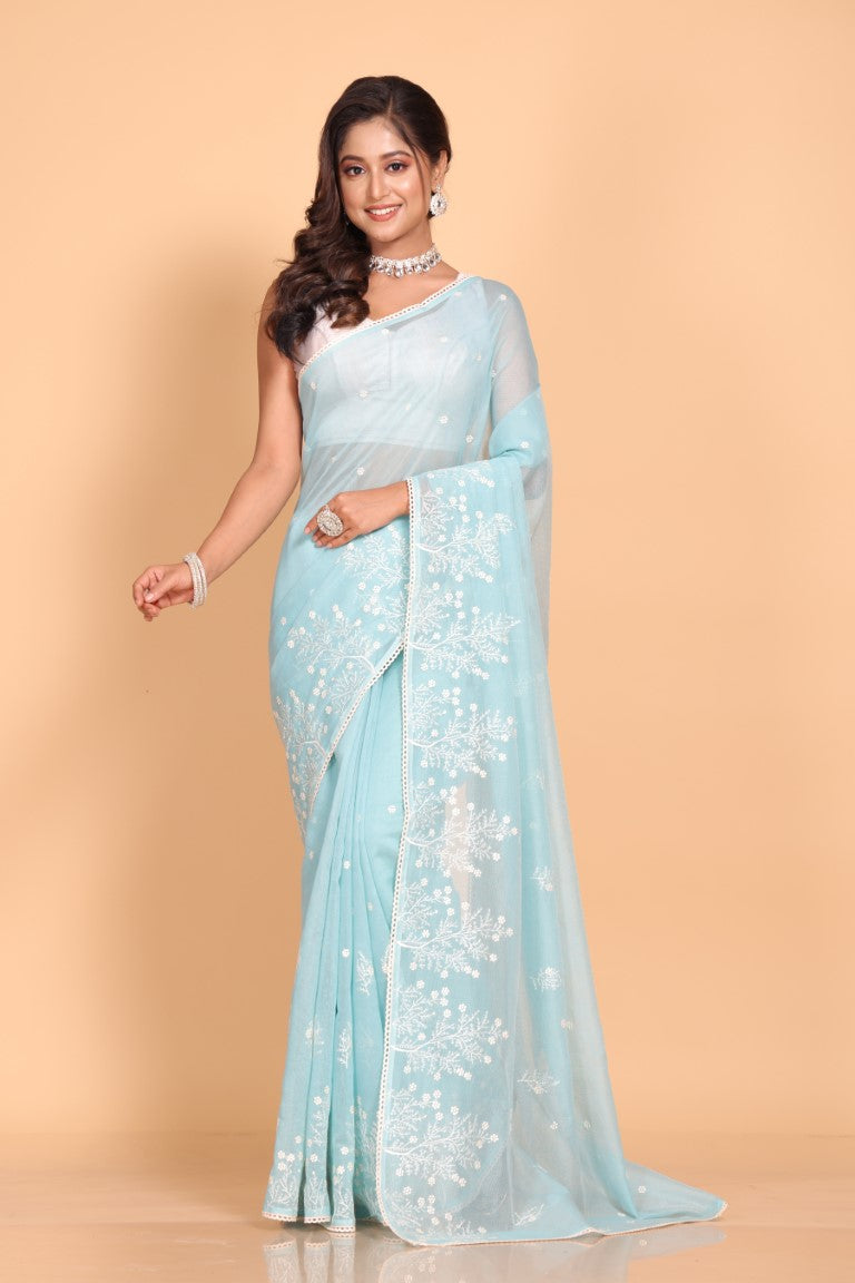 Morchari Cotton Supernet Embroiedery Saree - Sky Blue | Grocsy
