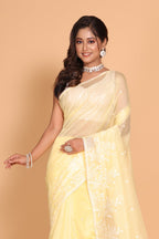 Morchari Cotton Supernet Embroiedery Saree - Yellow | Grocsy