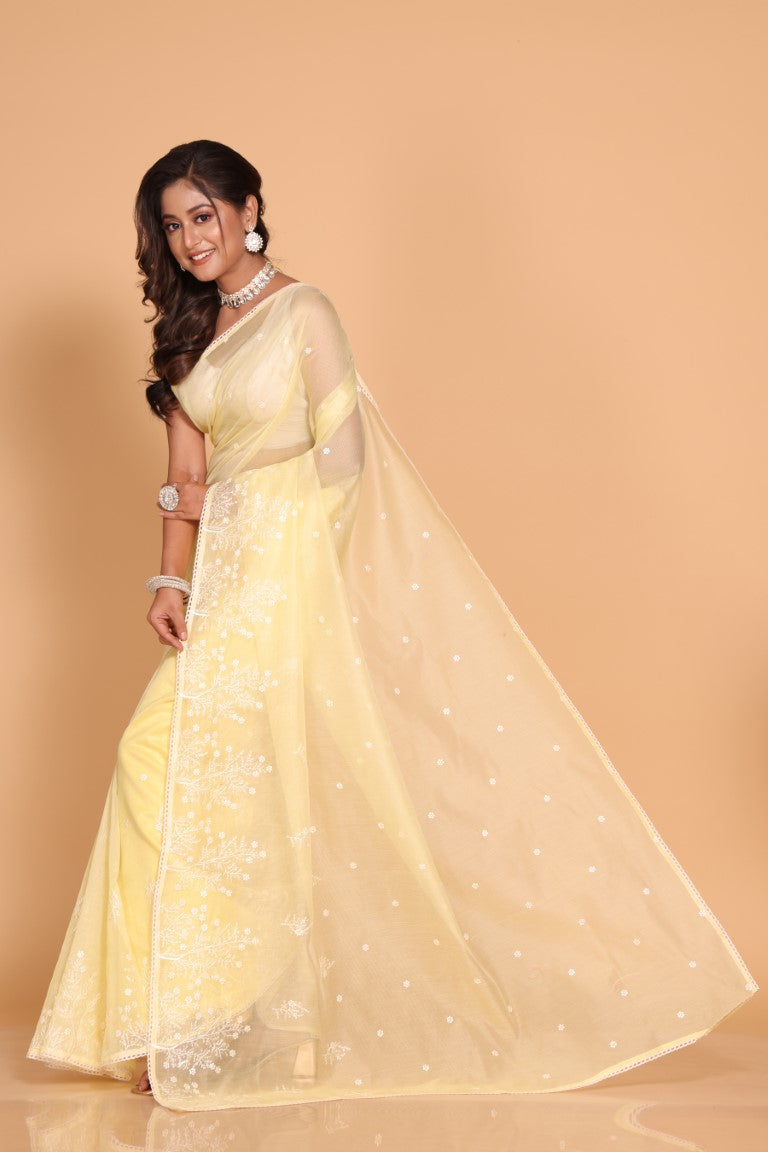 Morchari Cotton Supernet Embroiedery Saree - Yellow | Grocsy