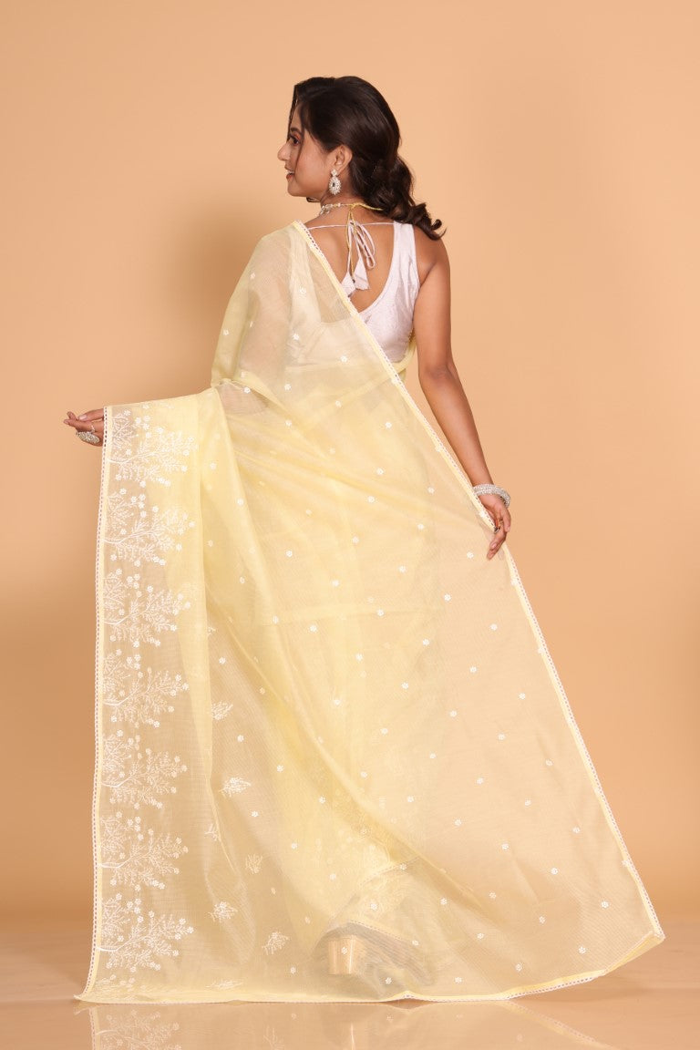 Morchari Cotton Supernet Embroiedery Saree - Yellow | Grocsy