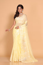 Morchari Cotton Supernet Embroiedery Saree - Yellow | Grocsy