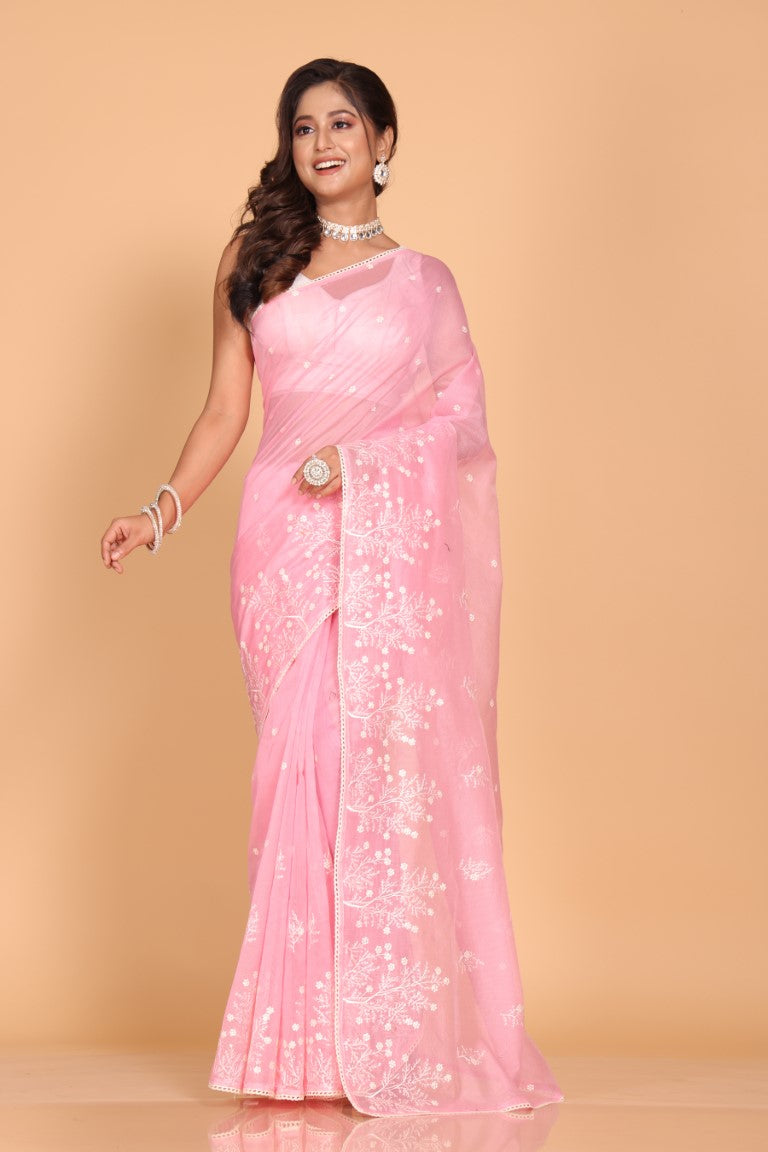 Morchari Cotton Supernet Embroiedery Saree - Pink | Grocsy