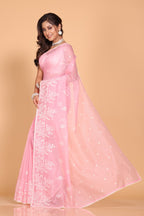 Morchari Cotton Supernet Embroiedery Saree - Pink | Grocsy