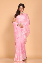 Morchari Cotton Supernet Embroiedery Saree - Pink | Grocsy