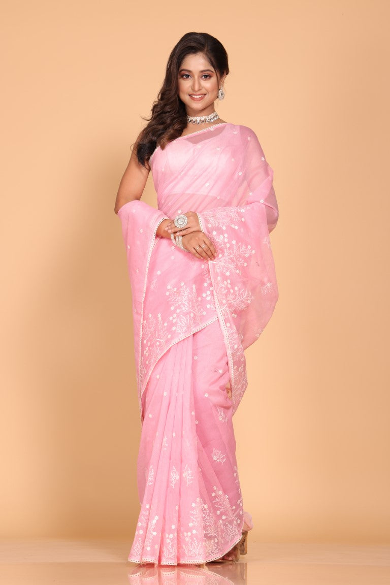 Morchari Cotton Supernet Embroiedery Saree - Pink | Grocsy