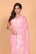 Morchari Cotton Supernet Embroiedery Saree - Pink | Grocsy