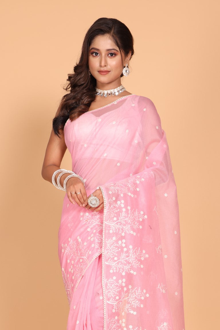 Morchari Cotton Supernet Embroiedery Saree - Pink | Grocsy