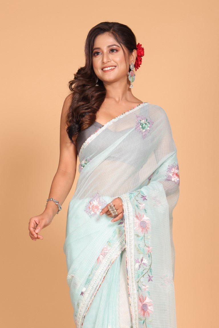 Morchari Cotton Kota Stripe Embroidery Saree - Sea Green | Grocsy