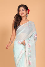 Morchari Cotton Kota Stripe Embroidery Saree - Sea Green | Grocsy