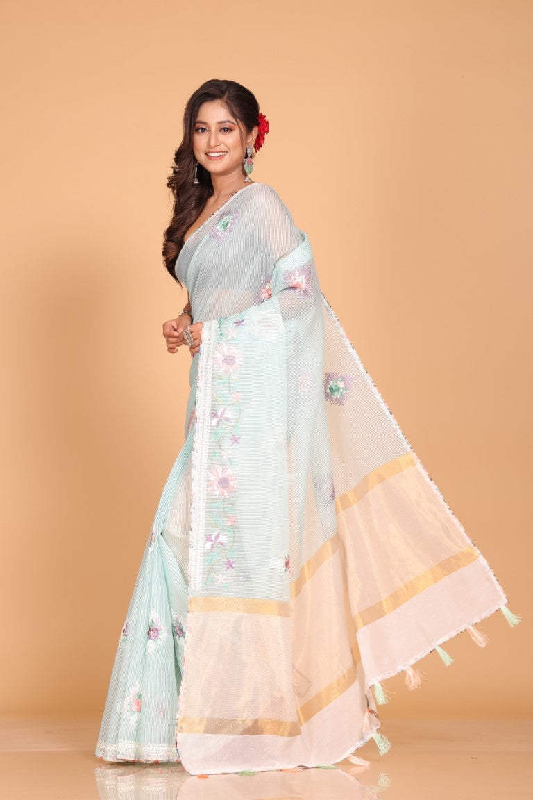 Morchari Cotton Kota Stripe Embroidery Saree - Sea Green | Grocsy