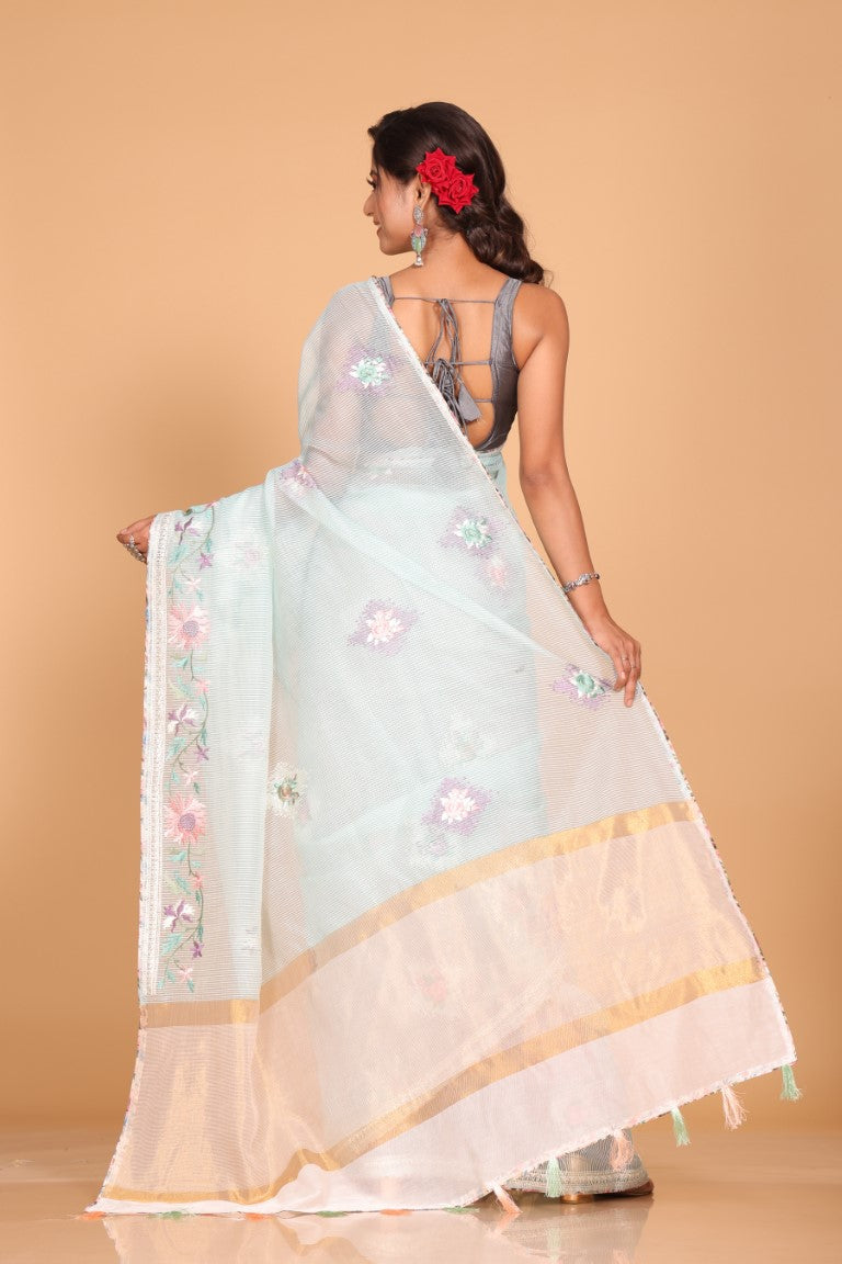Morchari Cotton Kota Stripe Embroidery Saree - Sea Green | Grocsy