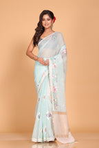 Morchari Cotton Kota Stripe Embroidery Saree - Sea Green | Grocsy