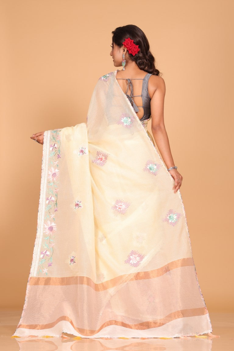 Morchari Cotton Kota Stripe Embroidery Saree - Yellow | Grocsy