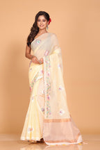 Morchari Cotton Kota Stripe Embroidery Saree - Yellow | Grocsy