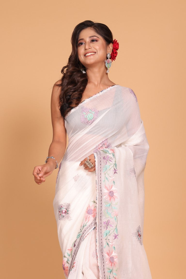 Morchari Cotton Kota Stripe Embroidery Saree - White | Grocsy