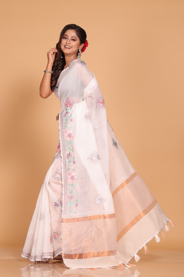 Morchari Cotton Kota Stripe Embroidery Saree - White | Grocsy