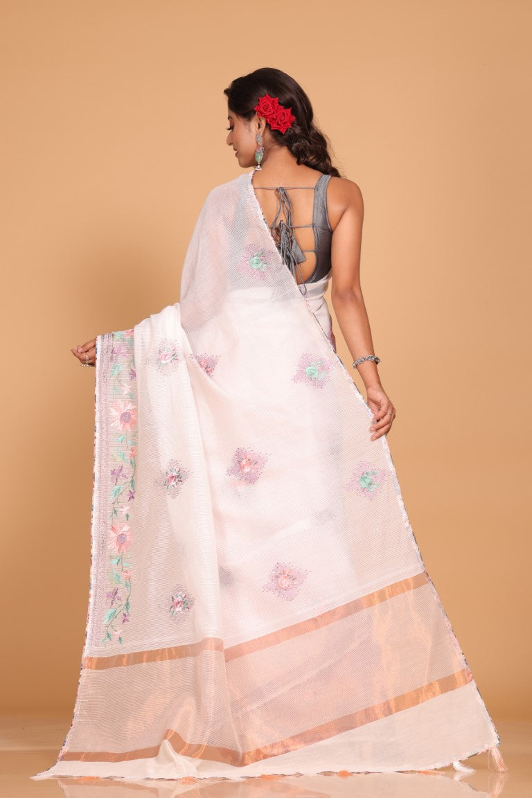 Morchari Cotton Kota Stripe Embroidery Saree - White | Grocsy