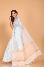 Morchari Cotton Kota Stripe Embroidery Saree - Sky Blue | Grocsy