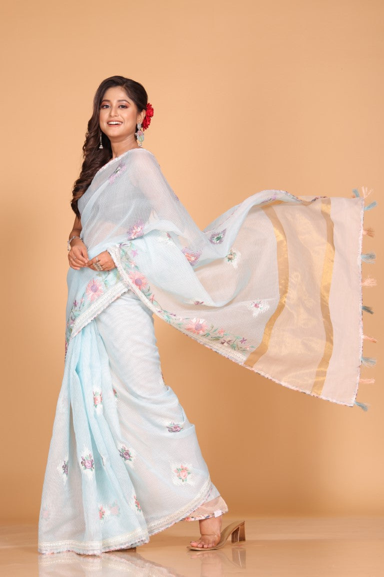Morchari Cotton Kota Stripe Embroidery Saree - Sky Blue | Grocsy
