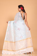 Morchari Cotton Kota Stripe Embroidery Saree - Sky Blue | Grocsy