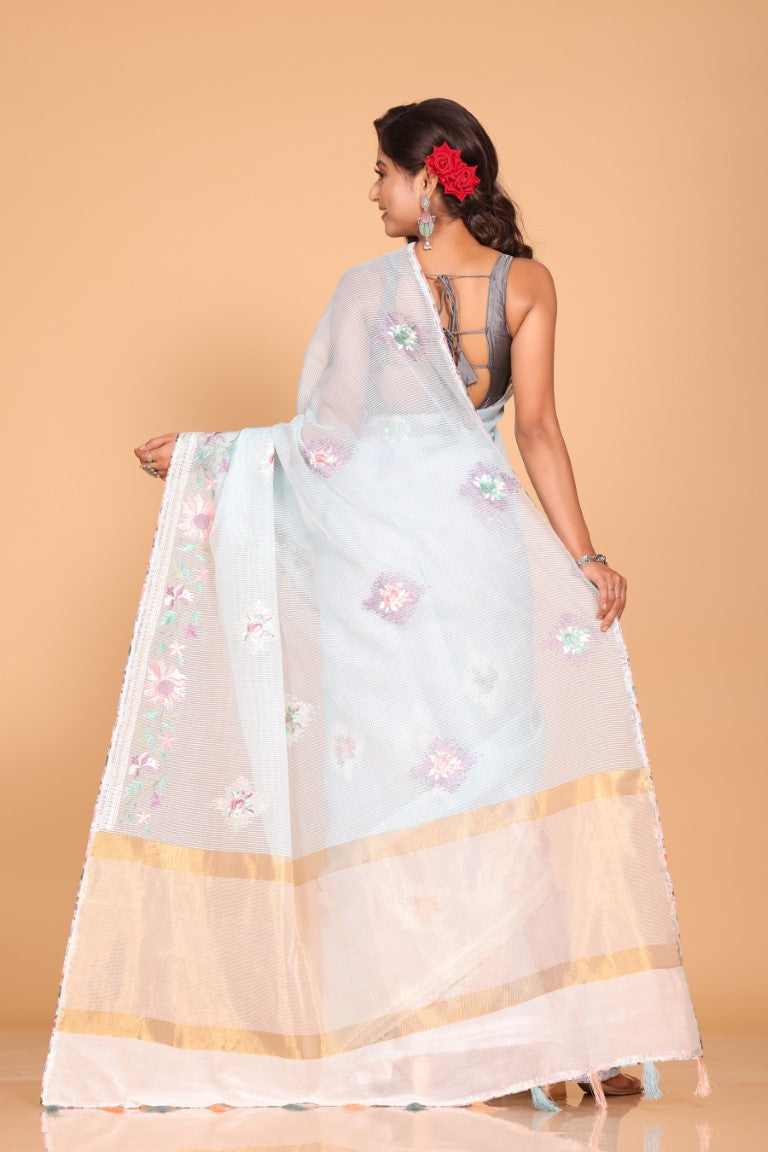 Morchari Cotton Kota Stripe Embroidery Saree - Sky Blue | Grocsy