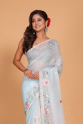 Morchari Cotton Kota Stripe Embroidery Saree - Sky Blue | Grocsy