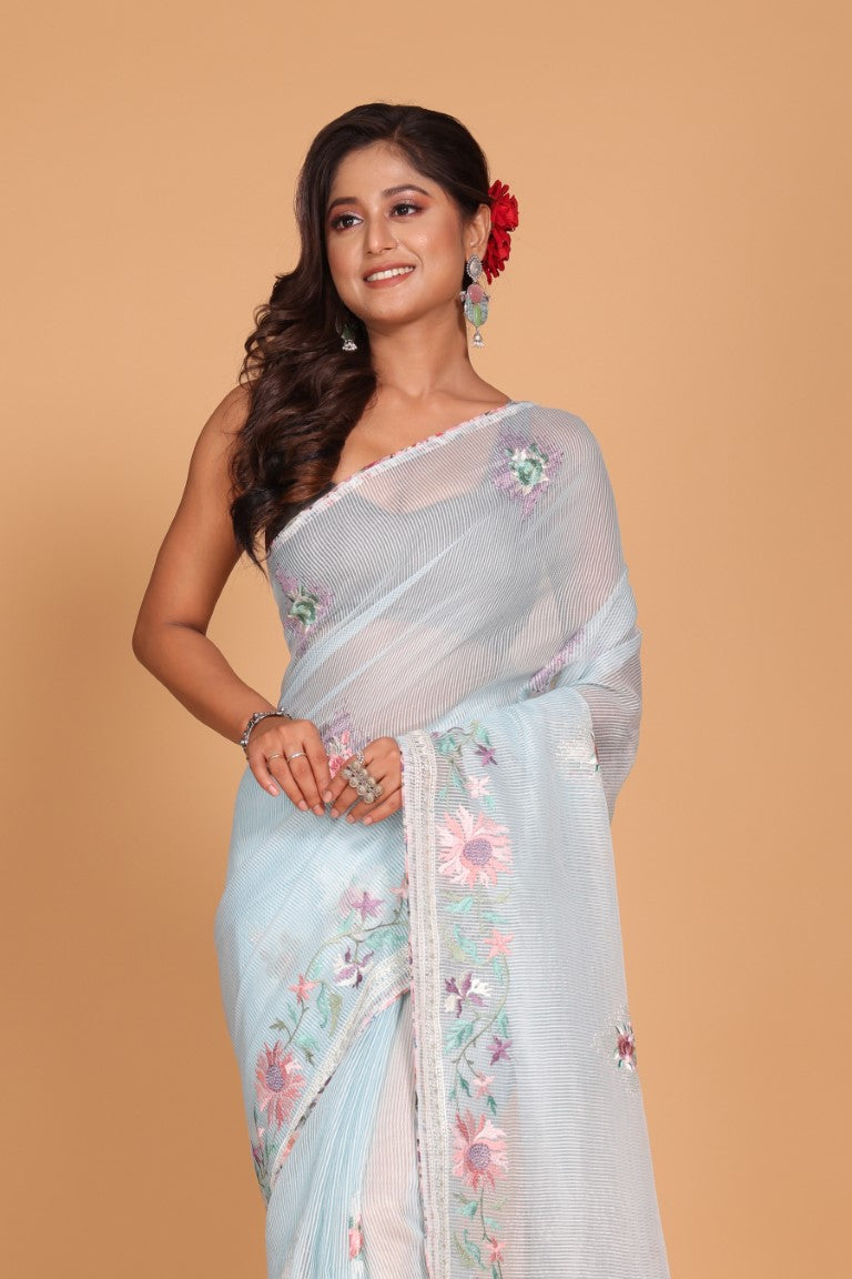 Morchari Cotton Kota Stripe Embroidery Saree - Sky Blue | Grocsy