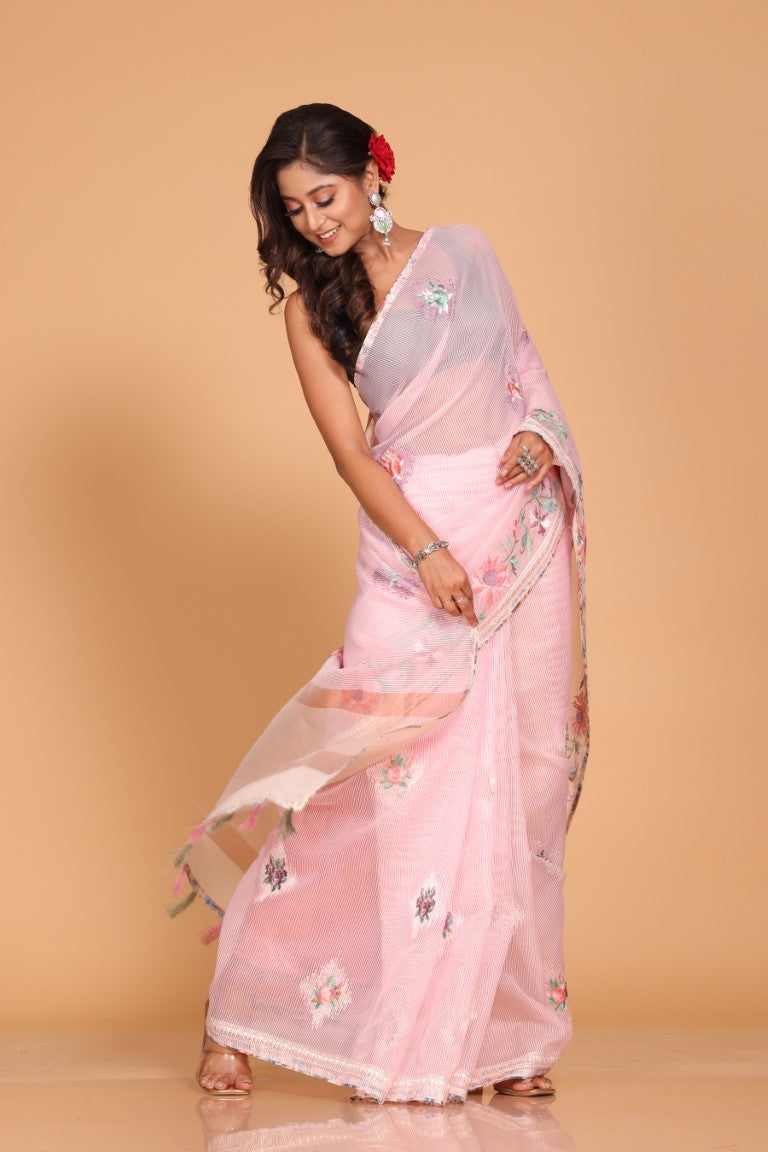 Morchari Cotton Kota Stripe Embroidery Saree - Pink | Grocsy