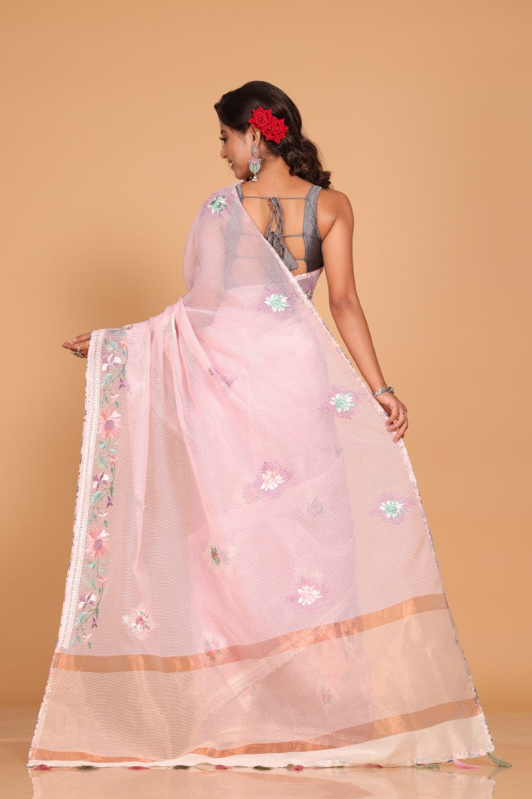 Morchari Cotton Kota Stripe Embroidery Saree - Pink | Grocsy