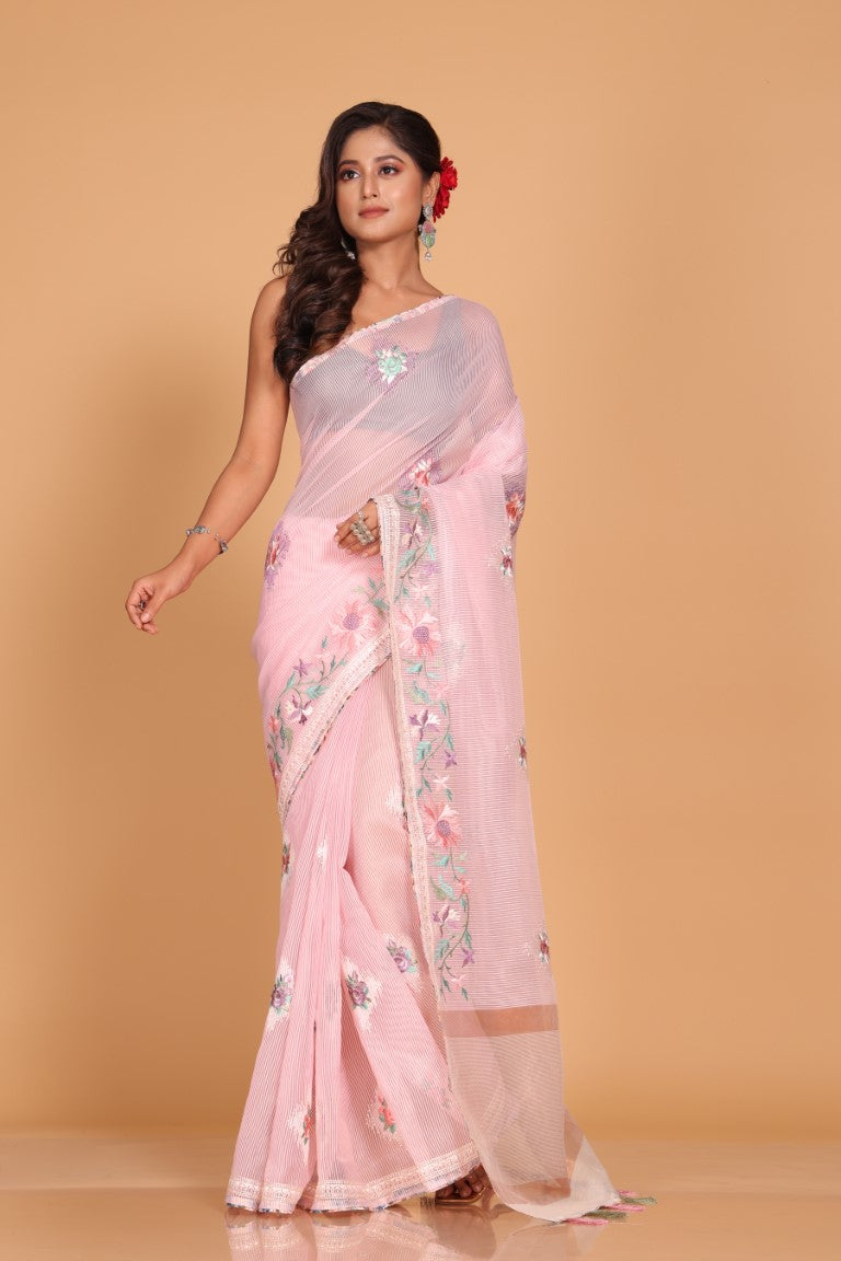 Morchari Cotton Kota Stripe Embroidery Saree - Pink | Grocsy