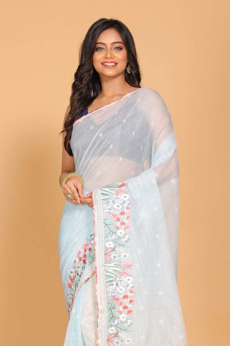 Morchari Cotton Kota Stripe Embroidery Saree - Sky Blue | Grocsy