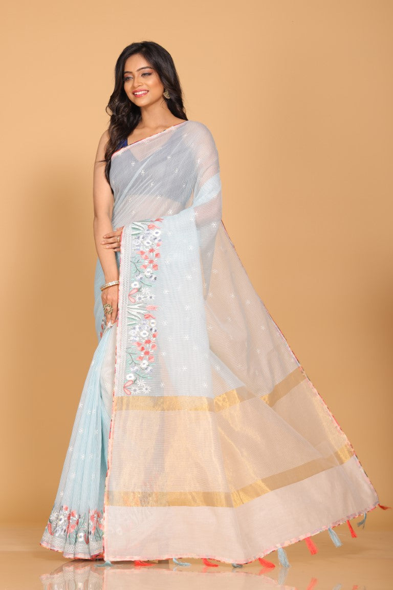 Morchari Cotton Kota Stripe Embroidery Saree - Sky Blue | Grocsy