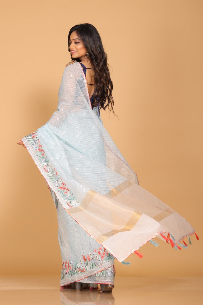 Morchari Cotton Kota Stripe Embroidery Saree - Sky Blue | Grocsy