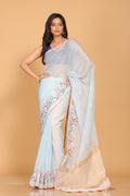 Morchari Cotton Kota Stripe Embroidery Saree - Sky Blue | Grocsy