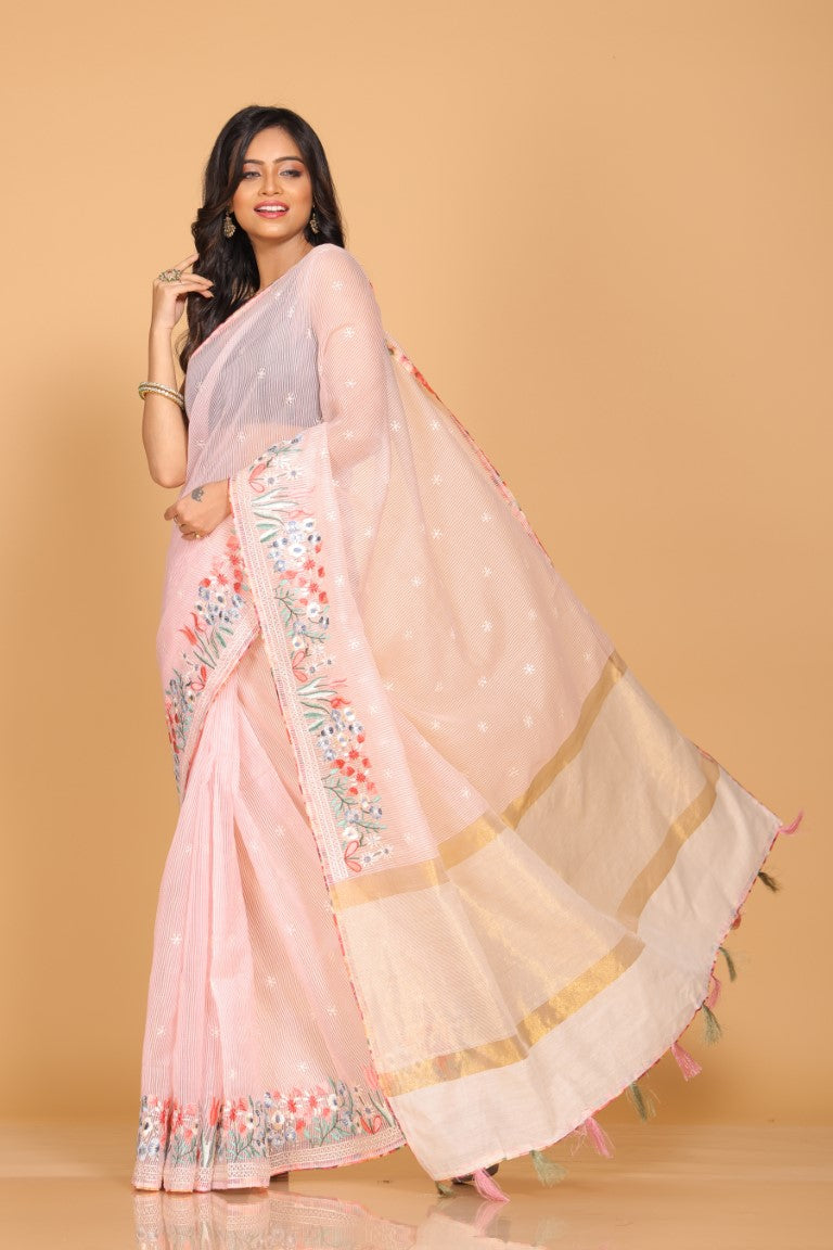 Morchari Cotton Kota Stripe Embroidery Saree - Pink | Grocsy