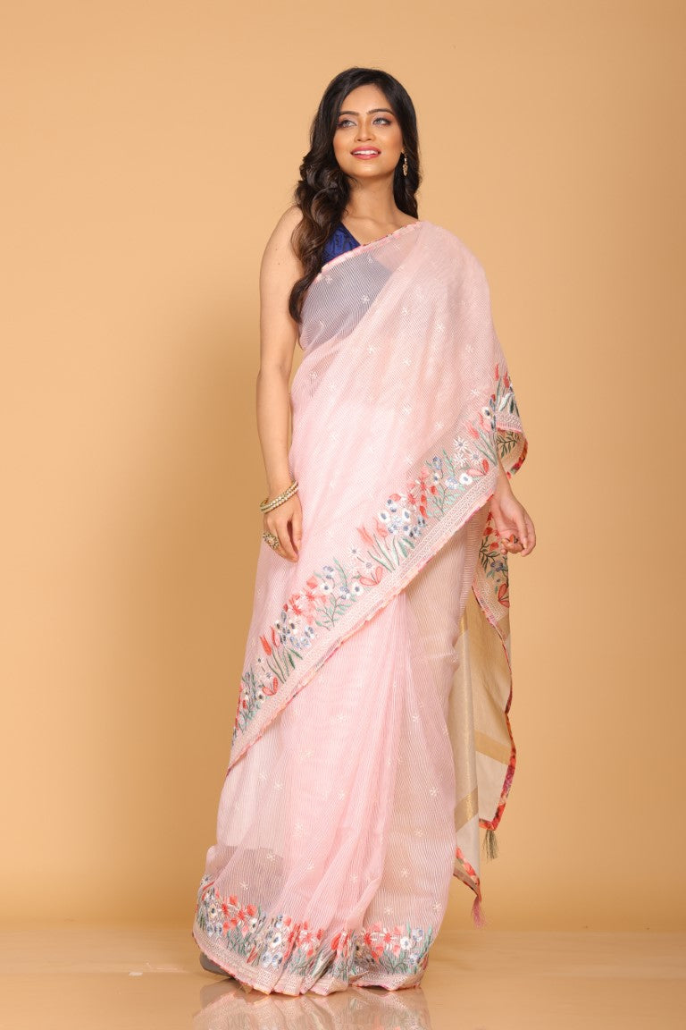 Morchari Cotton Kota Stripe Embroidery Saree - Pink | Grocsy