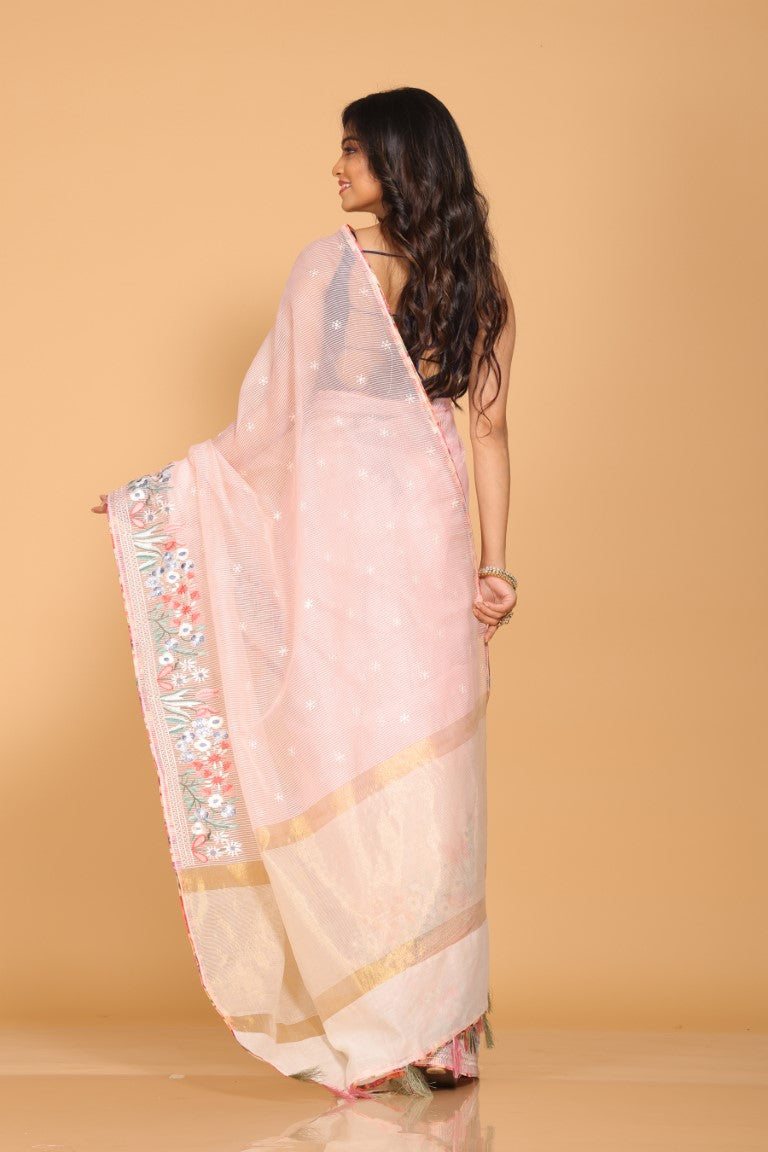 Morchari Cotton Kota Stripe Embroidery Saree - Pink | Grocsy