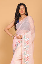 Morchari Cotton Kota Stripe Embroidery Saree - Pink | Grocsy