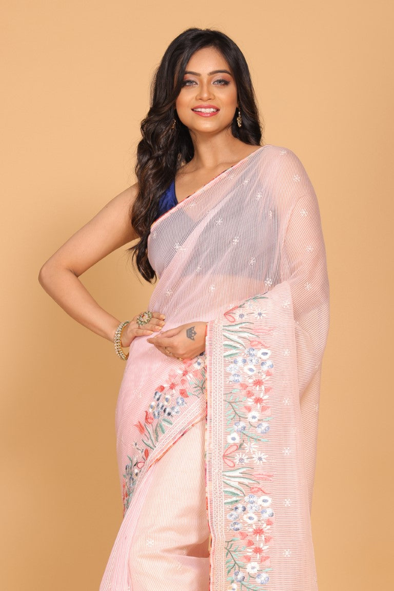 Morchari Cotton Kota Stripe Embroidery Saree - Pink | Grocsy