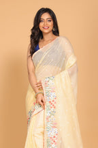Morchari Cotton Kota Stripe Embroidery Saree - Yellow | Grocsy