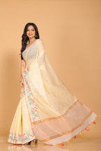 Morchari Cotton Kota Stripe Embroidery Saree - Yellow | Grocsy