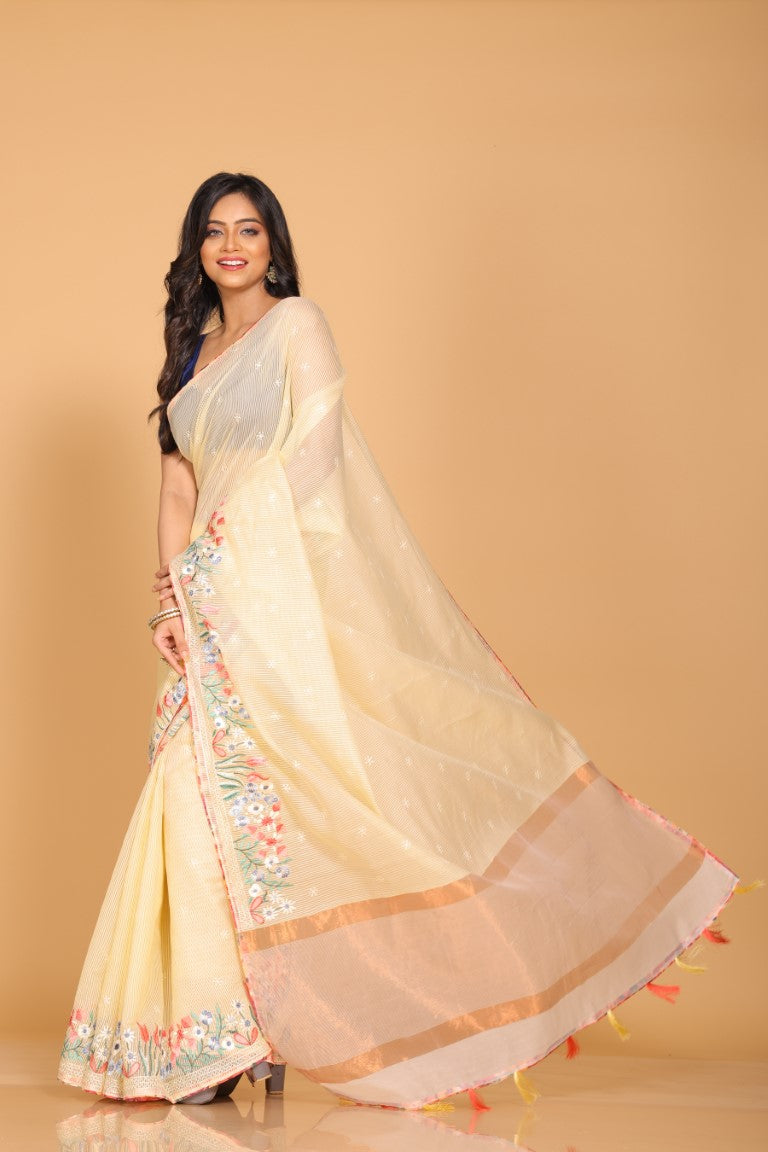 Morchari Cotton Kota Stripe Embroidery Saree - Yellow | Grocsy