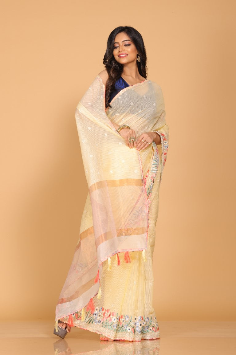 Morchari Cotton Kota Stripe Embroidery Saree - Yellow | Grocsy