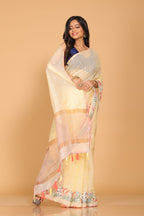 Morchari Cotton Kota Stripe Embroidery Saree - Yellow | Grocsy
