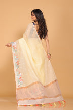 Morchari Cotton Kota Stripe Embroidery Saree - Yellow | Grocsy