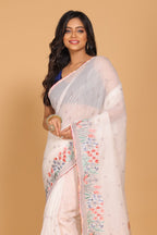 Morchari Cotton Kota Stripe Embroidery Saree - White | Grocsy