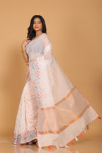 Morchari Cotton Kota Stripe Embroidery Saree - White | Grocsy