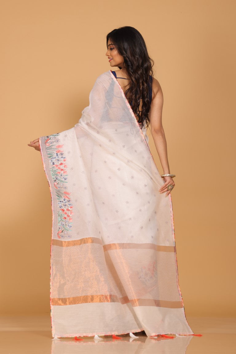 Morchari Cotton Kota Stripe Embroidery Saree - White | Grocsy